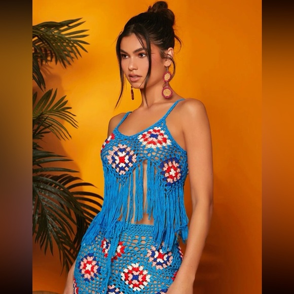 #135 Crochet 2 pieces Floral Patterns Tassel Trim Pointelle Kint Top And Skirt - Picture 6 of 6